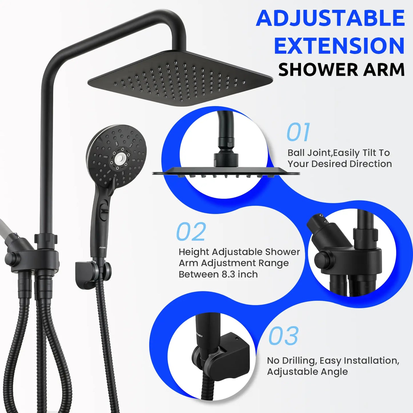 Dual Shower Head | 8" Rainfall + Handheld | Adjustable Height | High Pressure | Luxury Standing Showers