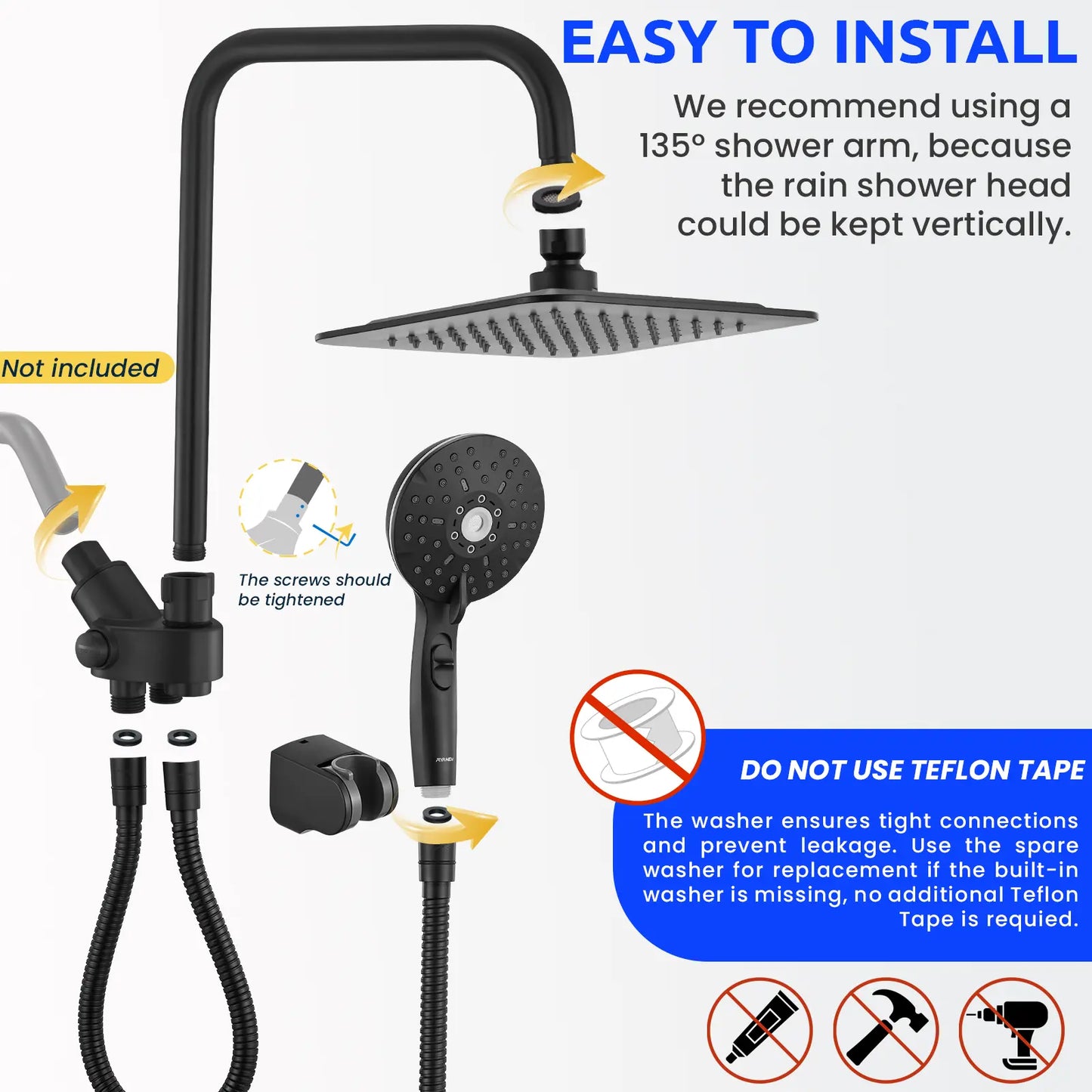 Dual Shower Head | 8" Rainfall + Handheld | Adjustable Height | High Pressure | Luxury Standing Showers